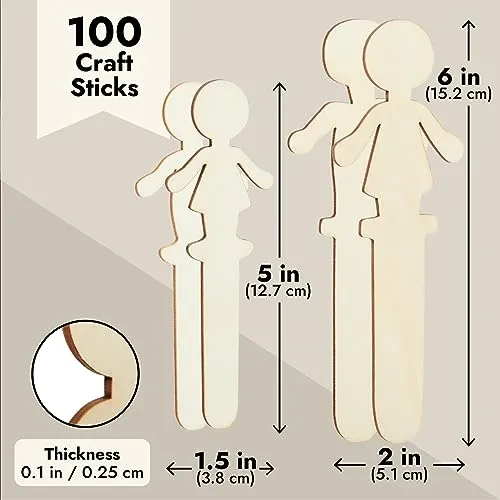 100 Pack Unfinished People Shaped Craft Sticks, Wooden Popsicle Sticks for DIY Projects