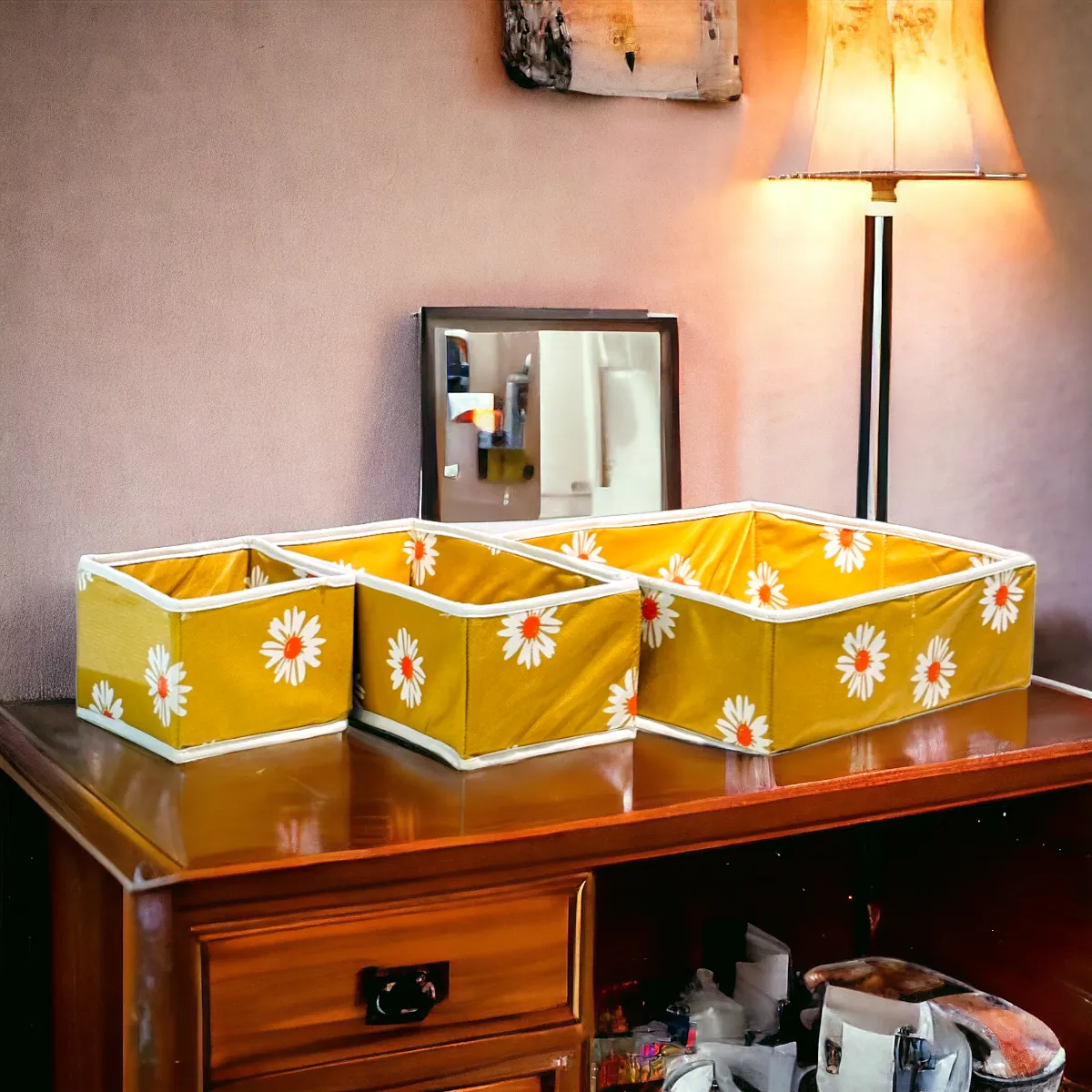 3 Pc Printed Storage Organizer-Mustard Flower