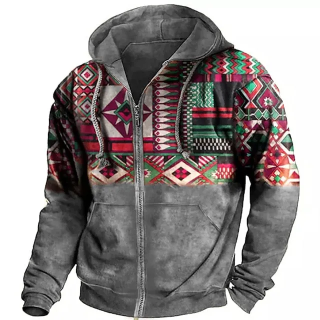 3D Ethnic Design Men's Zip-Up Hoodie Jacket in Blue Purple Brown Gray Coffee - Streetwear Fashion for Outdoor and Daily Sports