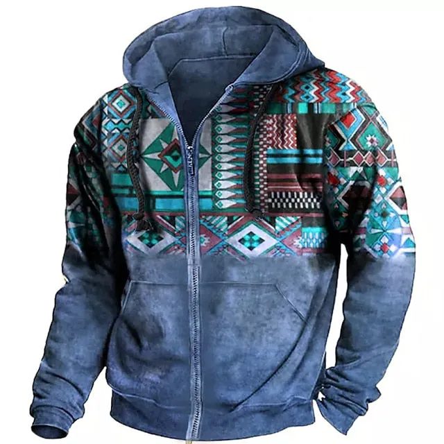 3D Ethnic Design Men's Zip-Up Hoodie Jacket in Blue Purple Brown Gray Coffee - Streetwear Fashion for Outdoor and Daily Sports