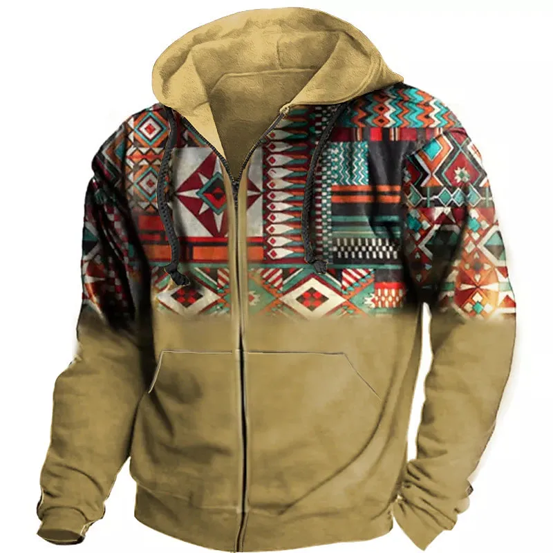 3D Ethnic Design Men's Zip-Up Hoodie Jacket in Blue Purple Brown Gray Coffee - Streetwear Fashion for Outdoor and Daily Sports