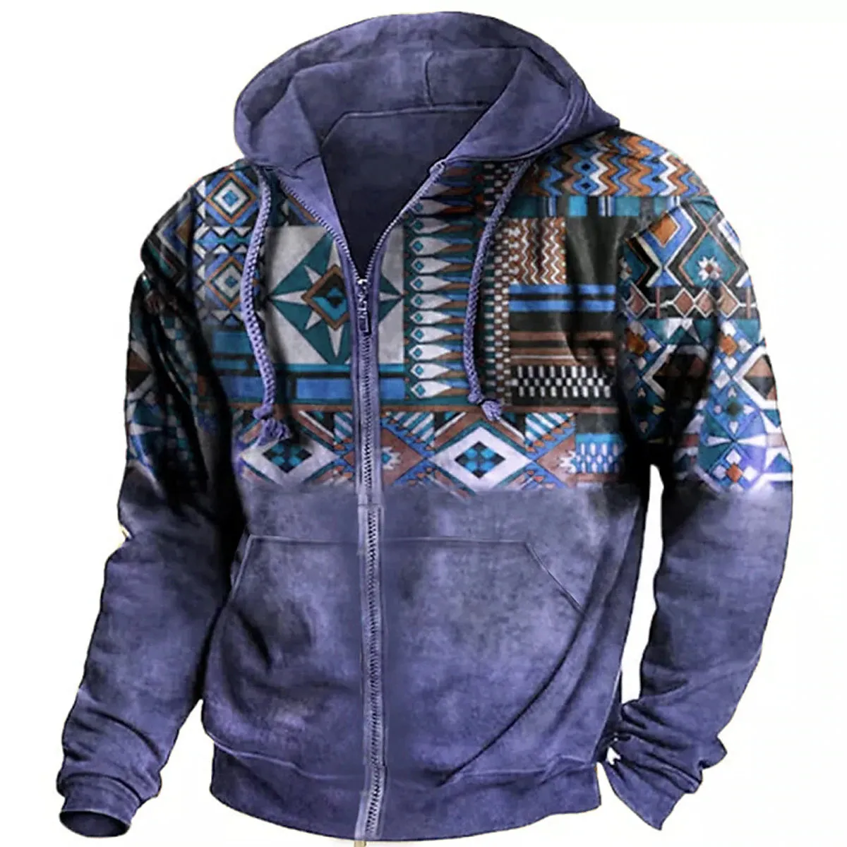 3D Ethnic Design Men's Zip-Up Hoodie Jacket in Blue Purple Brown Gray Coffee - Streetwear Fashion for Outdoor and Daily Sports