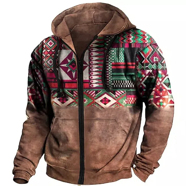 3D Ethnic Design Men's Zip-Up Hoodie Jacket in Blue Purple Brown Gray Coffee - Streetwear Fashion for Outdoor and Daily Sports