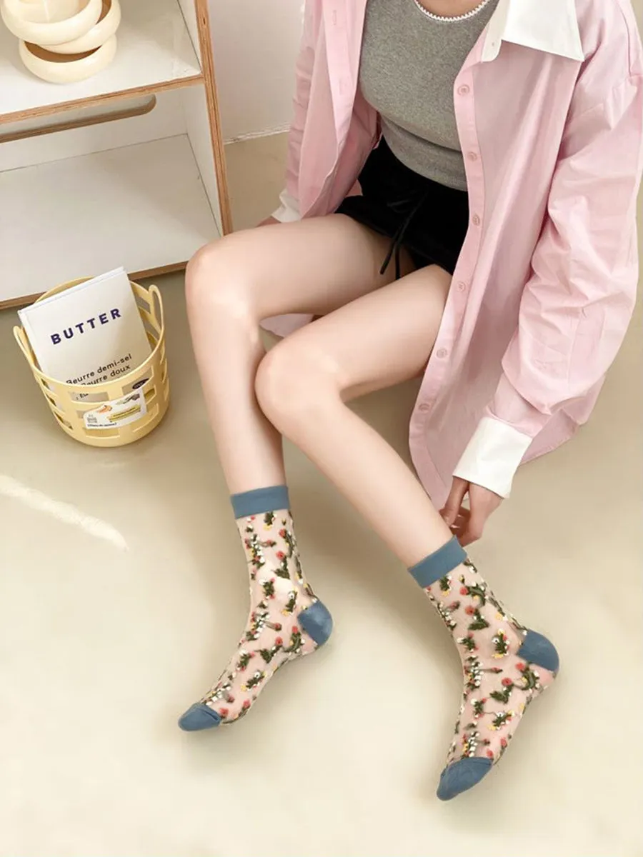 5 Pairs Women Summer Flower Jacquard Thin Socks