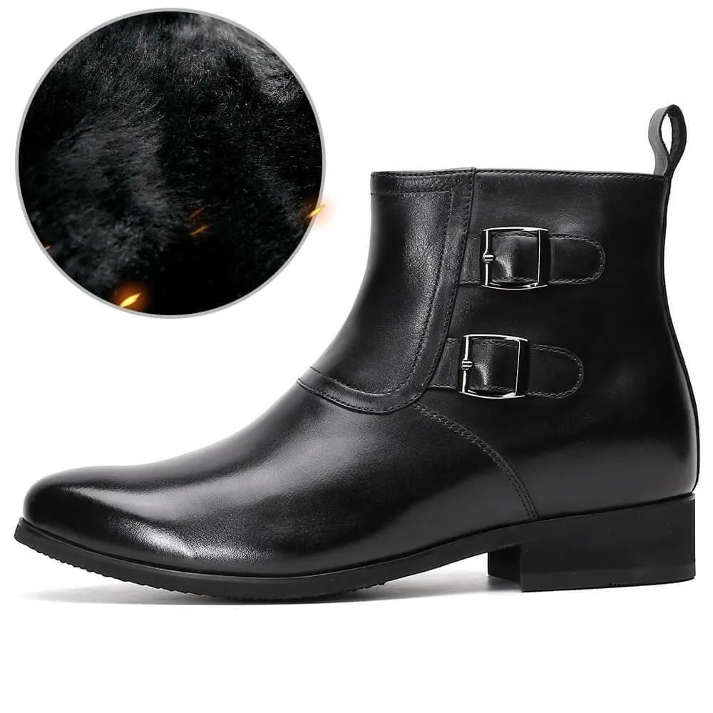 7CM / 2.76 Inches - CMR CHAMARIPA Height Increasing Boots Hidden Fur Lining Black Leather Dress Boots With Zipper