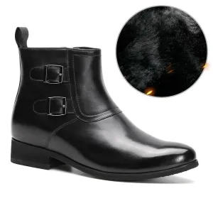 7CM / 2.76 Inches - CMR CHAMARIPA Height Increasing Boots Hidden Fur Lining Black Leather Dress Boots With Zipper