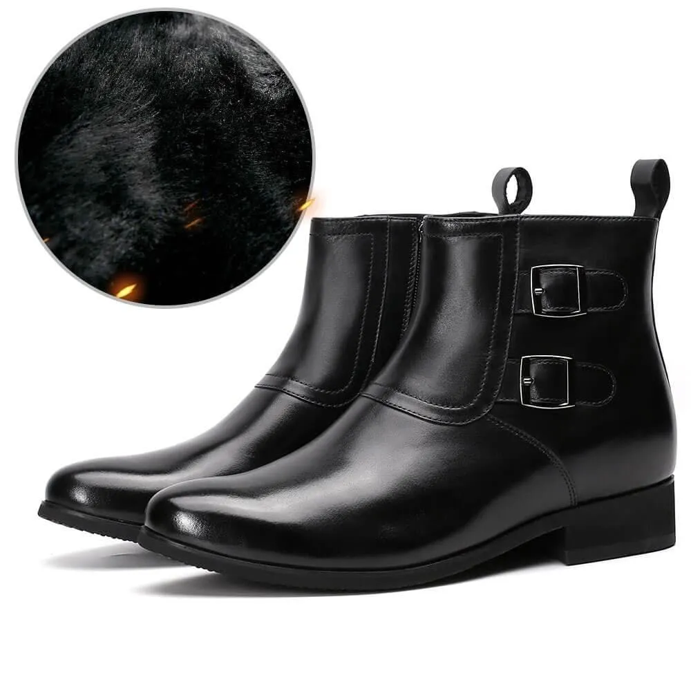 7CM / 2.76 Inches - CMR CHAMARIPA Height Increasing Boots Hidden Fur Lining Black Leather Dress Boots With Zipper