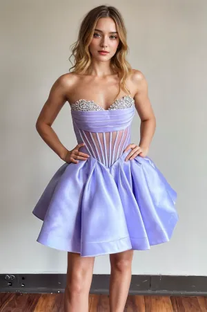 A-line Strapless Sheer Corset Bodice Lavender Homecoming Dress  PD539