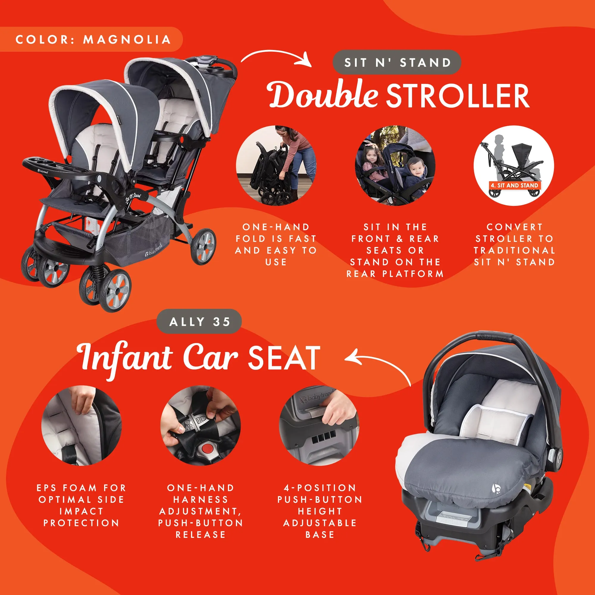 Baby Trend Sit N Stand Baby Double Stroller & 2 Infant Car Seat Combo, Magnolia