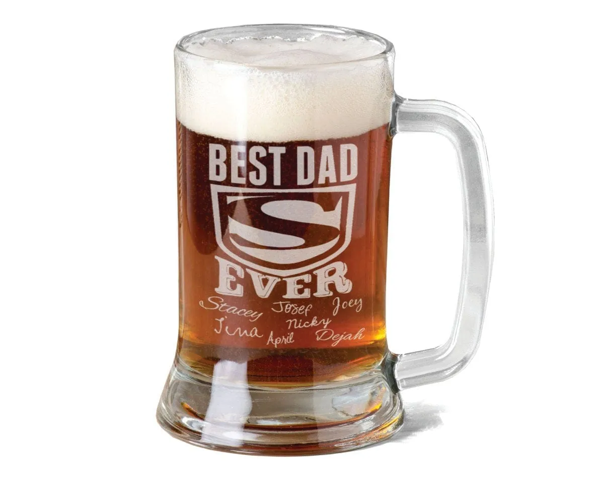 Best DAD Ever Fathers Day Beer Mug 16 Oz  Engraved Father's Day Birthday Gift Super Dad with Kids Names Gift for Dad, Daddy, Father, Grandpa