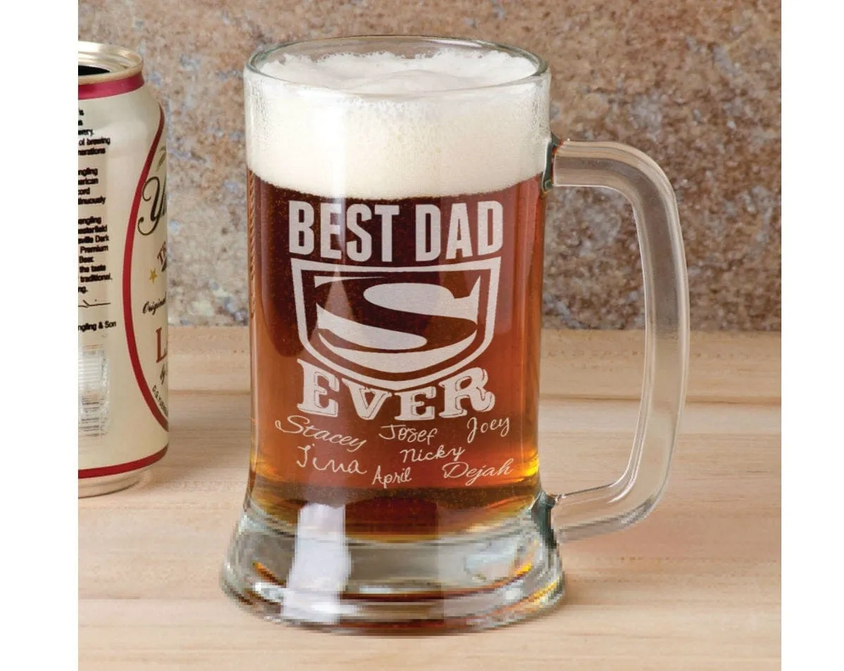 Best DAD Ever Fathers Day Beer Mug 16 Oz  Engraved Father's Day Birthday Gift Super Dad with Kids Names Gift for Dad, Daddy, Father, Grandpa