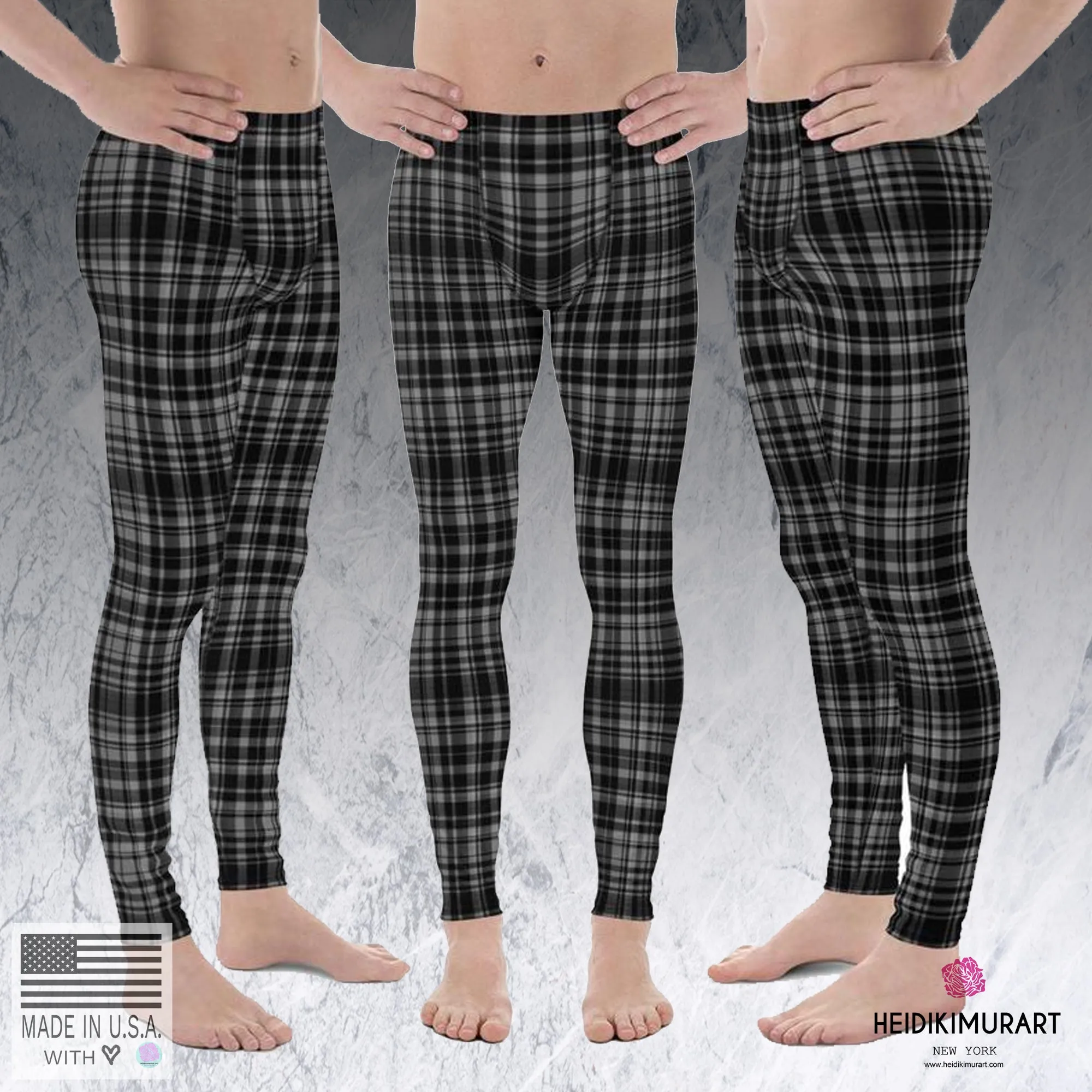 Black Gray Tartan Plaid Meggings, Men's Plaid Print Running Leggings Tights- Made in USA/EU