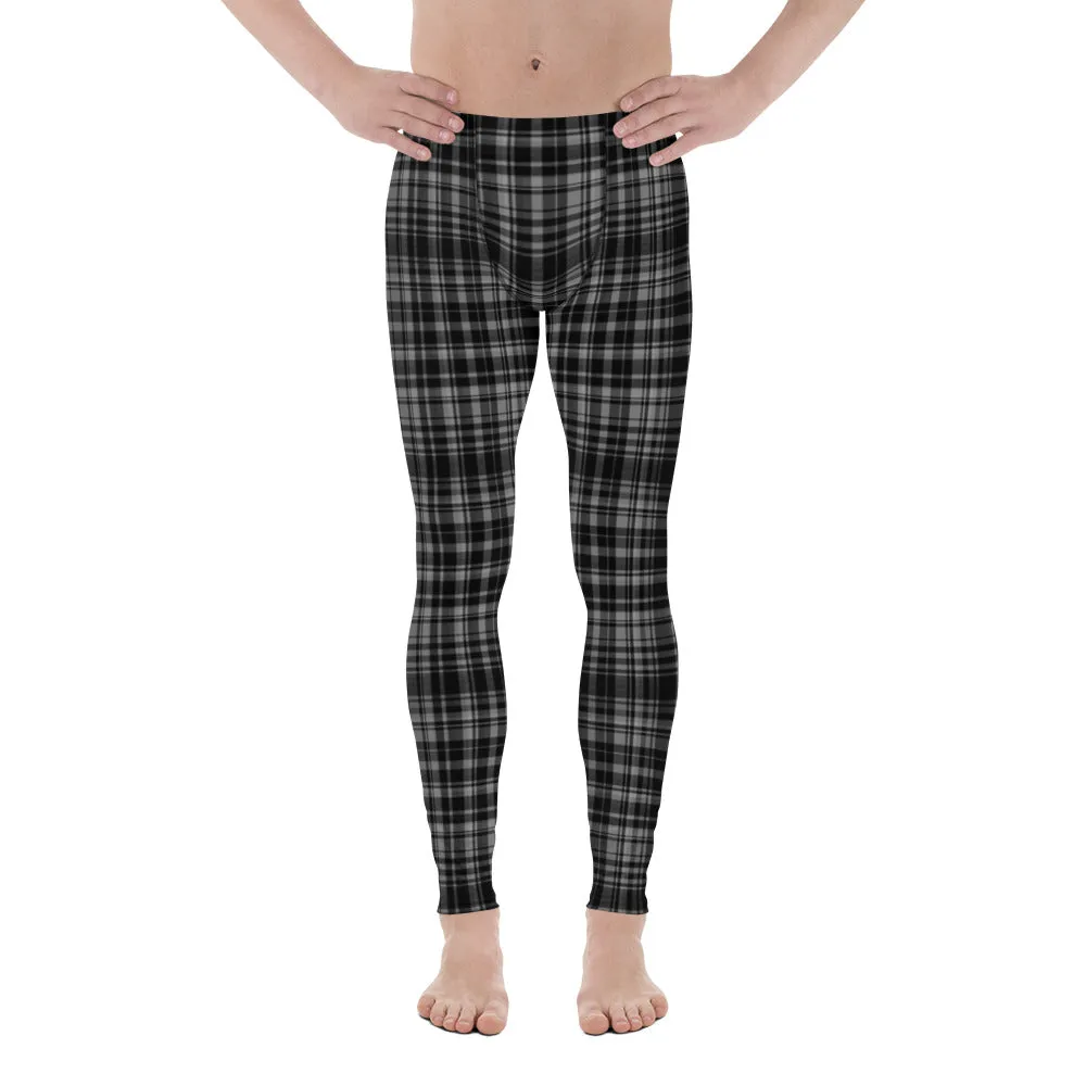 Black Gray Tartan Plaid Meggings, Men's Plaid Print Running Leggings Tights- Made in USA/EU