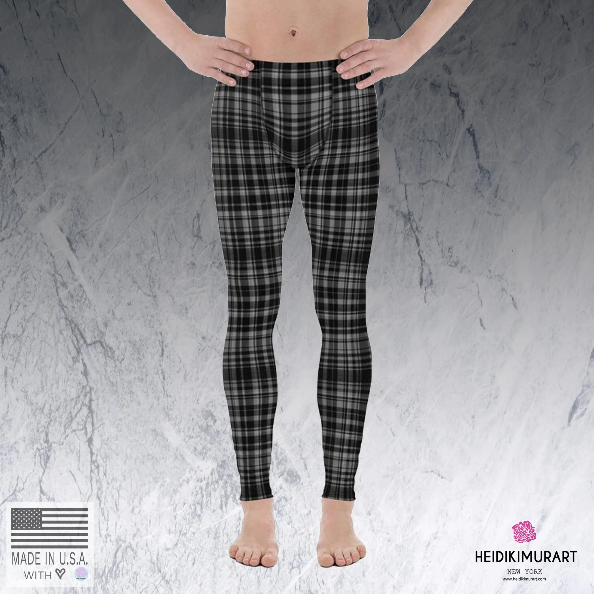 Black Gray Tartan Plaid Meggings, Men's Plaid Print Running Leggings Tights- Made in USA/EU