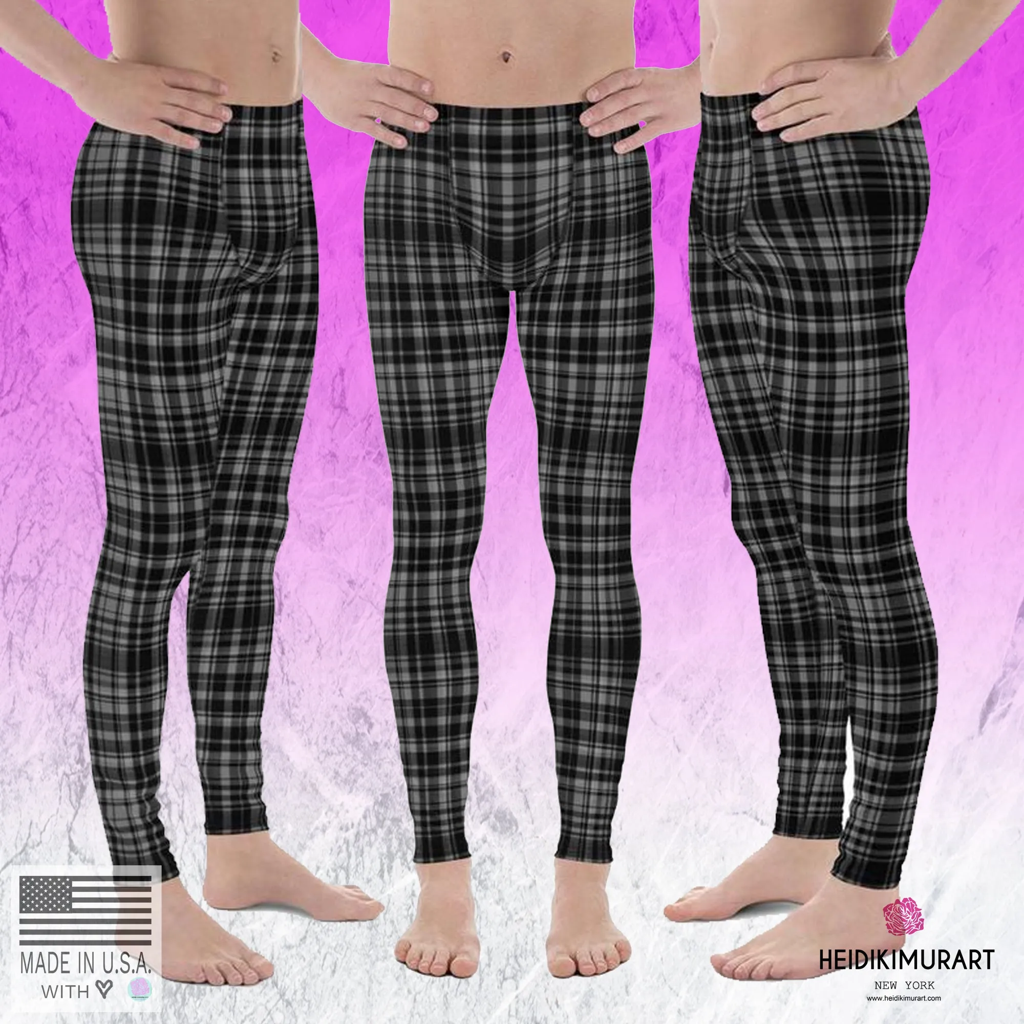 Black Gray Tartan Plaid Meggings, Men's Plaid Print Running Leggings Tights- Made in USA/EU