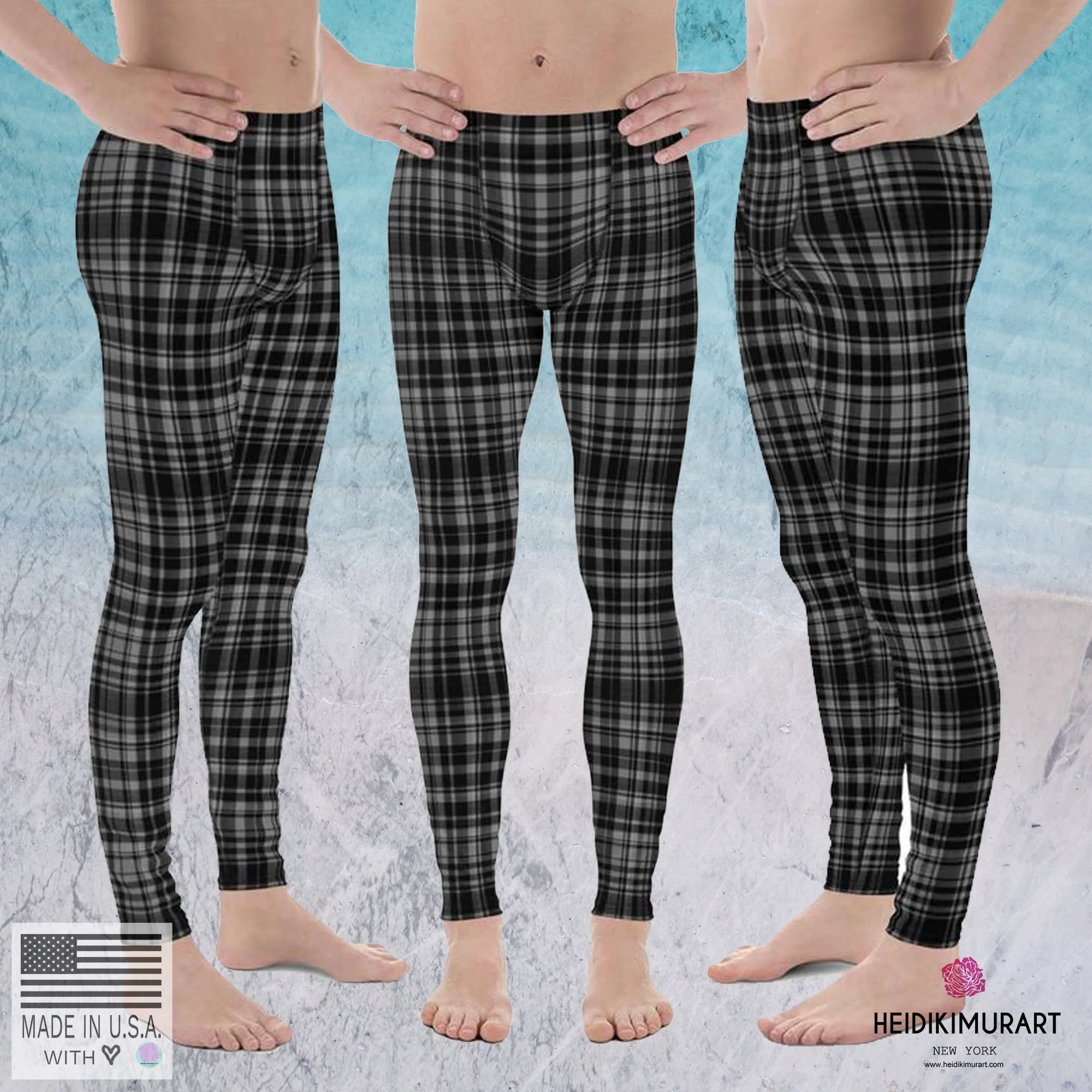 Black Gray Tartan Plaid Meggings, Men's Plaid Print Running Leggings Tights- Made in USA/EU