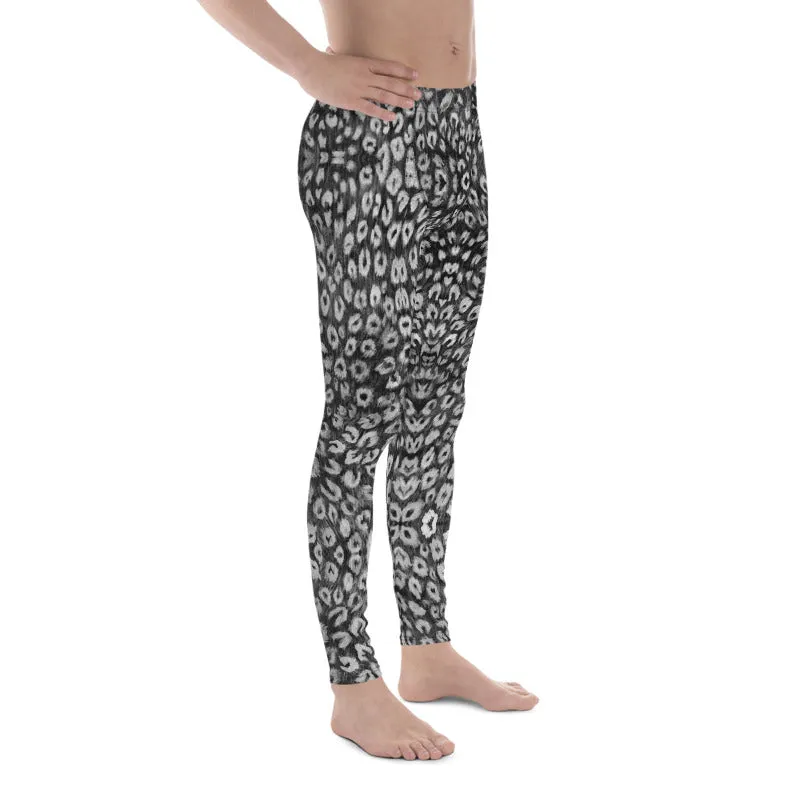 Black White Leopard Men's Leggings, Animal Print Meggings Compression Tights - Made in USA/EU