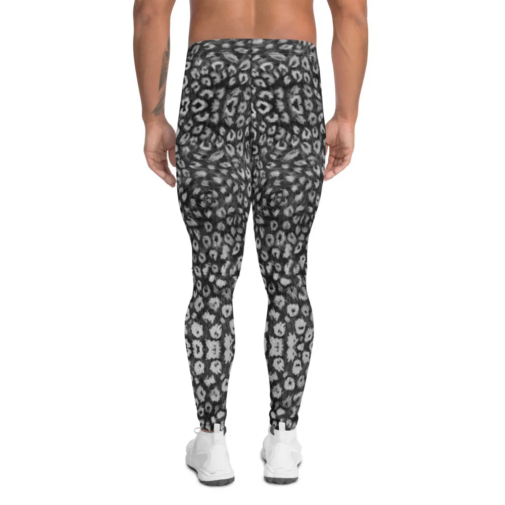 Black White Leopard Men's Leggings, Animal Print Meggings Compression Tights - Made in USA/EU