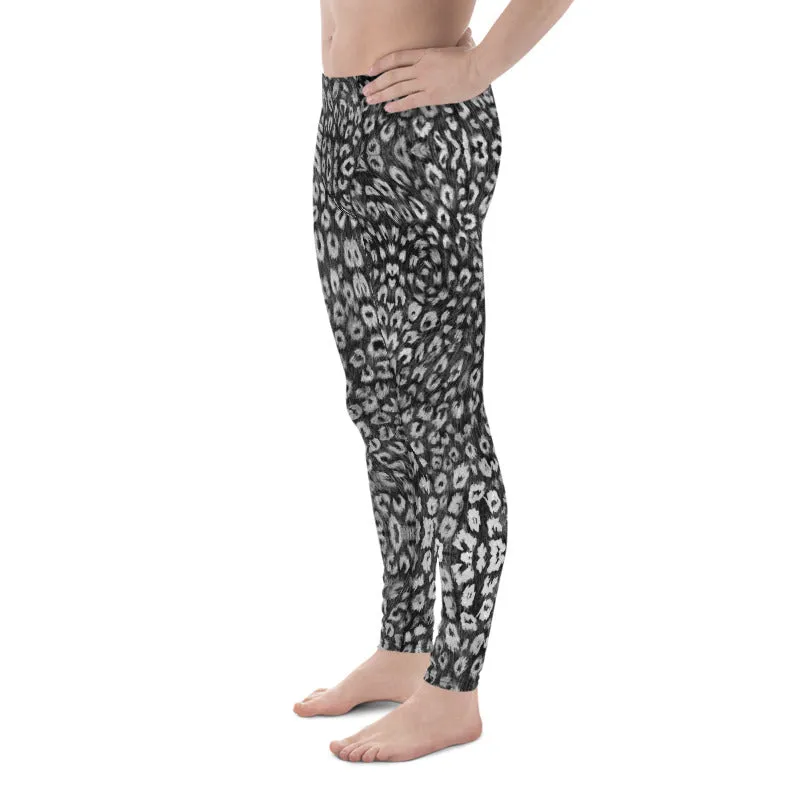 Black White Leopard Men's Leggings, Animal Print Meggings Compression Tights - Made in USA/EU