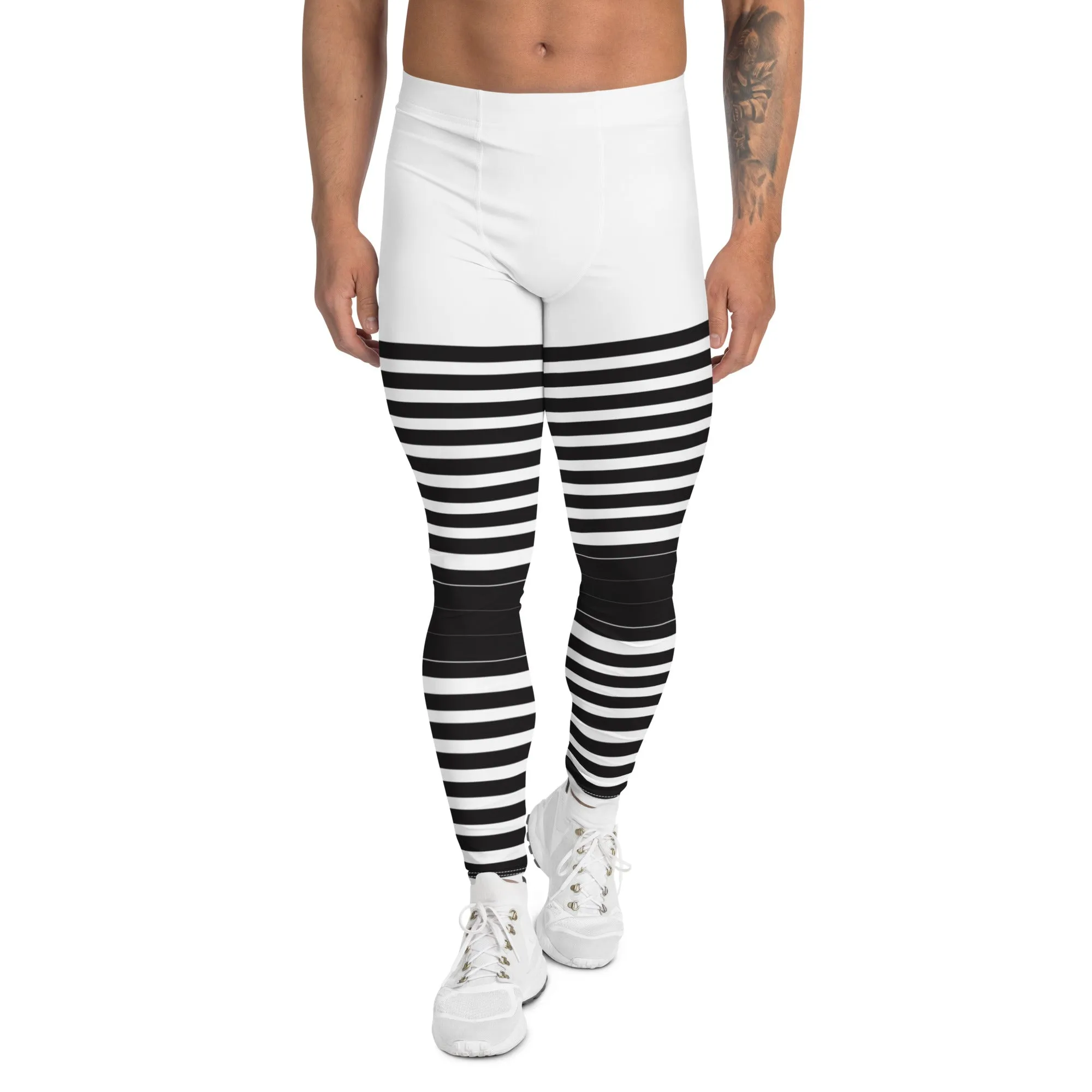 Black White Striped Meggings, Best Horizontal Stripes Men's Leggings Abstract Men's Leggings For Men - Made in USA/EU/MX