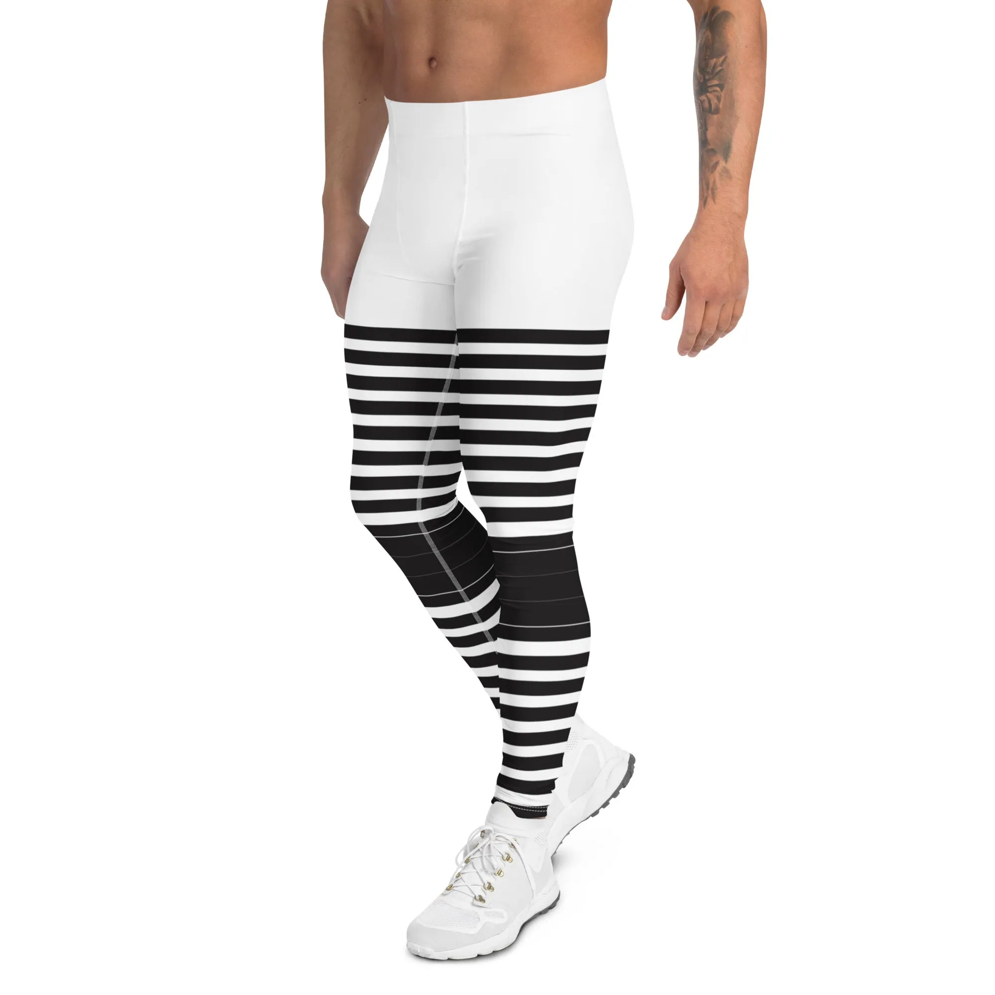 Black White Striped Meggings, Best Horizontal Stripes Men's Leggings Abstract Men's Leggings For Men - Made in USA/EU/MX