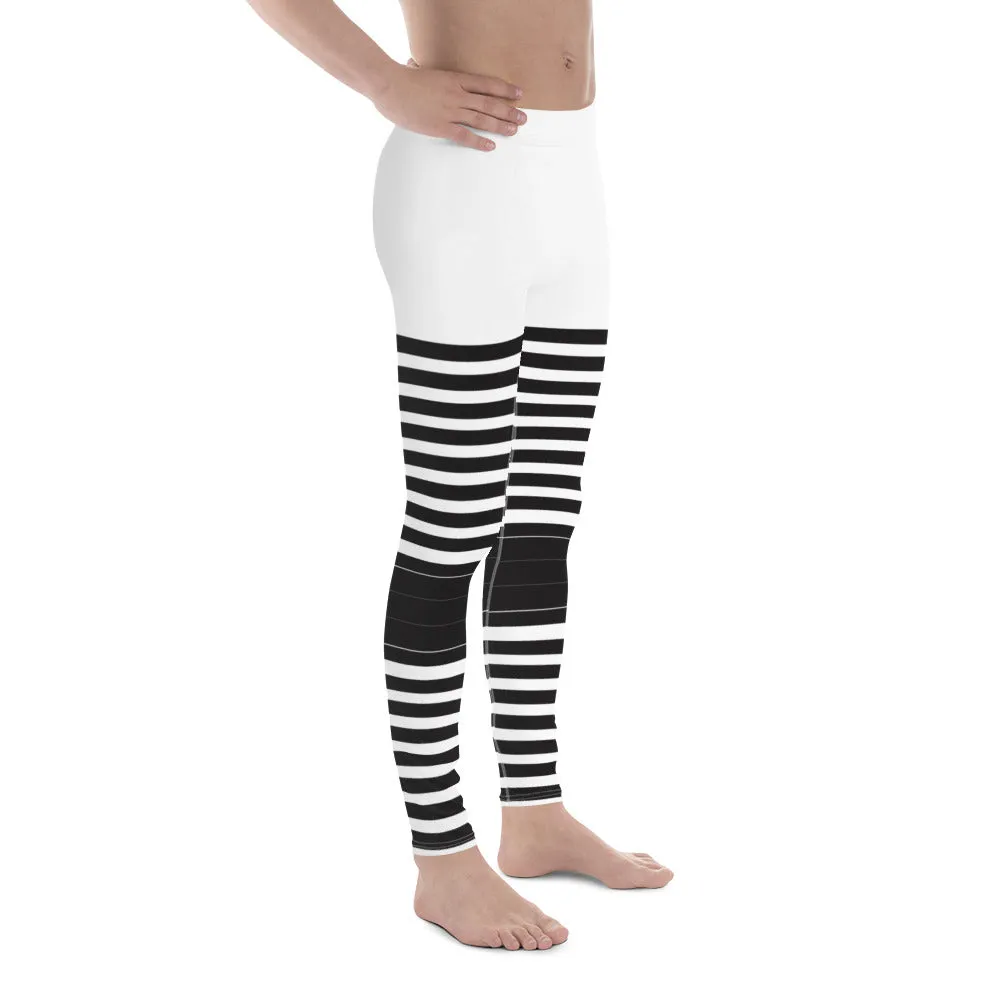 Black White Striped Meggings, Best Horizontal Stripes Men's Leggings Abstract Men's Leggings For Men - Made in USA/EU/MX