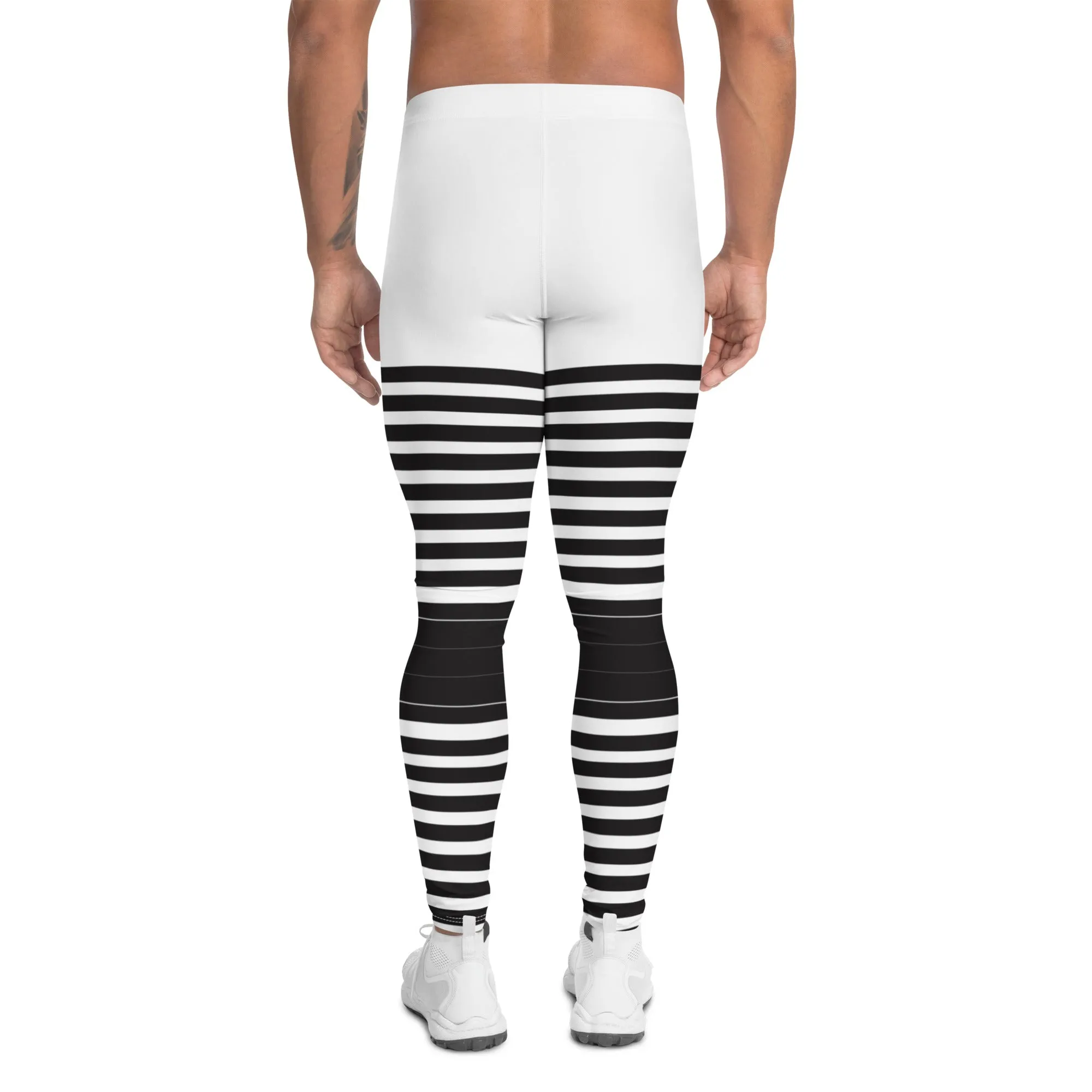 Black White Striped Meggings, Best Horizontal Stripes Men's Leggings Abstract Men's Leggings For Men - Made in USA/EU/MX