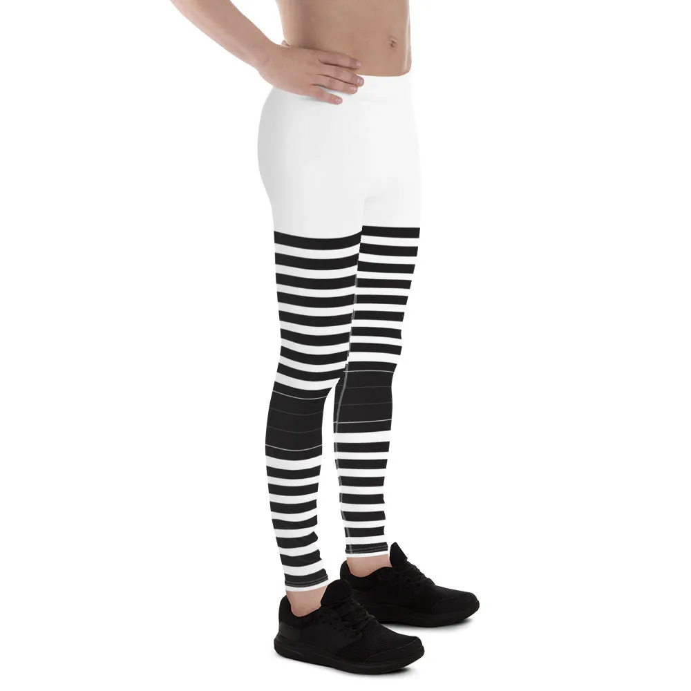 Black White Striped Meggings, Best Horizontal Stripes Men's Leggings Abstract Men's Leggings For Men - Made in USA/EU/MX