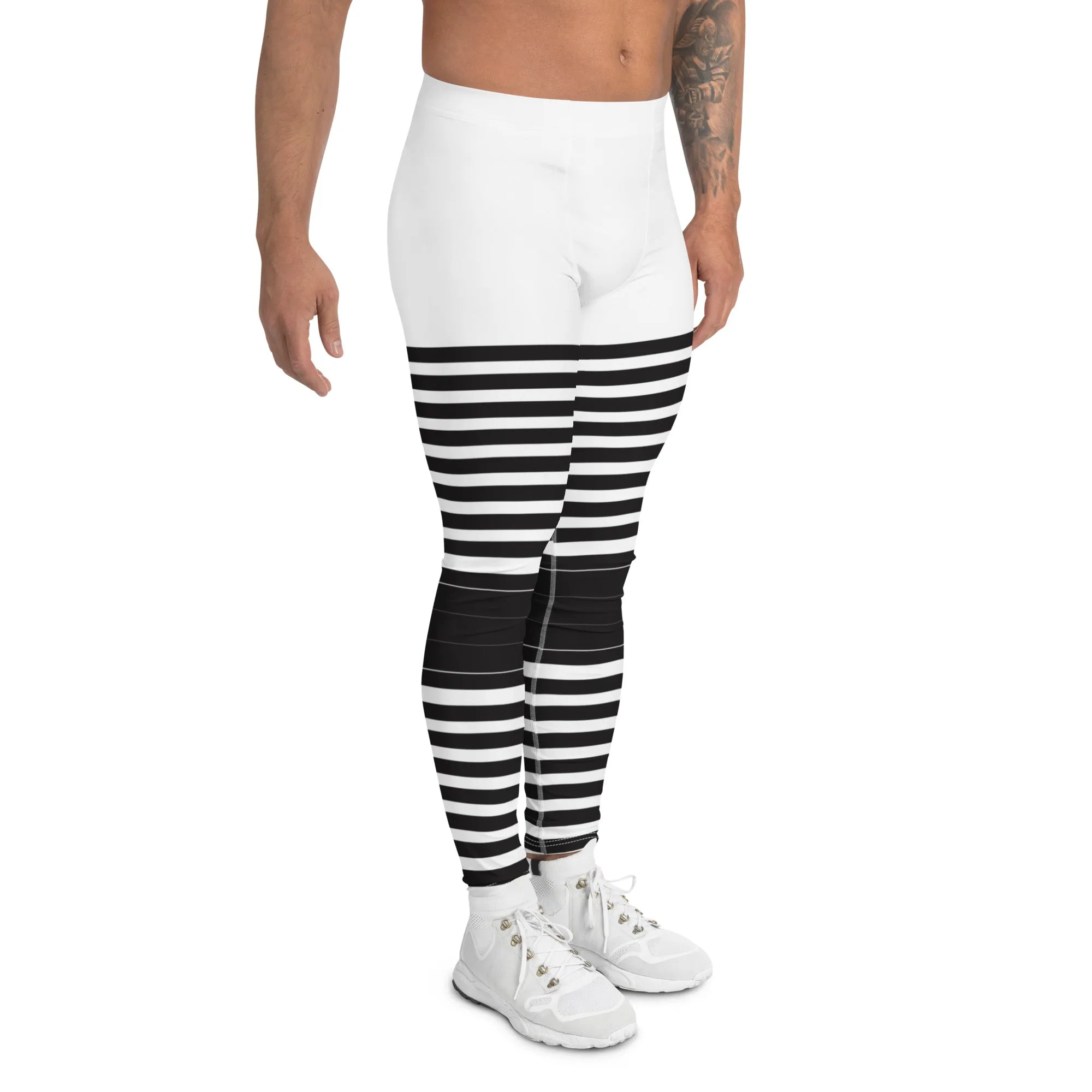 Black White Striped Meggings, Best Horizontal Stripes Men's Leggings Abstract Men's Leggings For Men - Made in USA/EU/MX