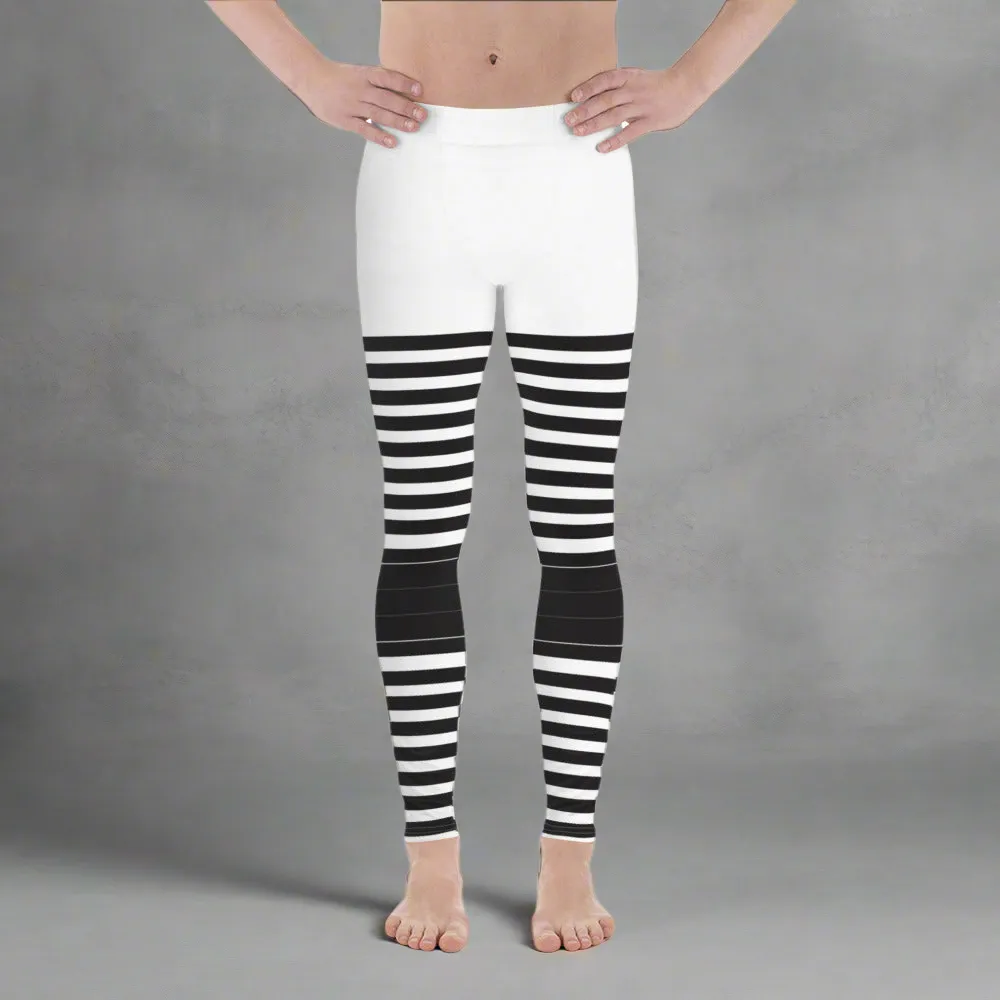 Black White Striped Meggings, Best Horizontal Stripes Men's Leggings Abstract Men's Leggings For Men - Made in USA/EU/MX