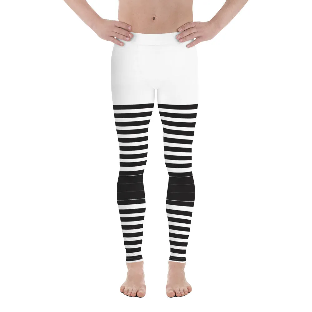 Black White Striped Meggings, Best Horizontal Stripes Men's Leggings Abstract Men's Leggings For Men - Made in USA/EU/MX