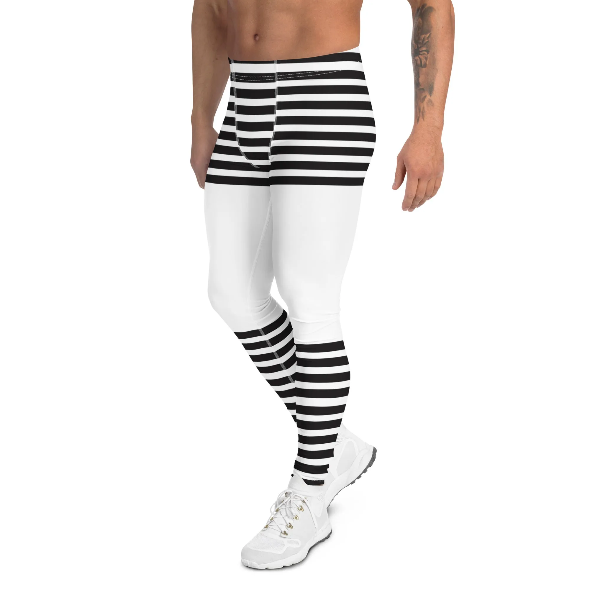 Black White Striped Meggings, Horizontal Striped Men's Leggings Compression Tights For Men - Made in USA/EU/MX