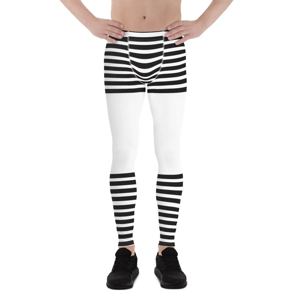 Black White Striped Meggings, Horizontal Striped Men's Leggings Compression Tights For Men - Made in USA/EU/MX