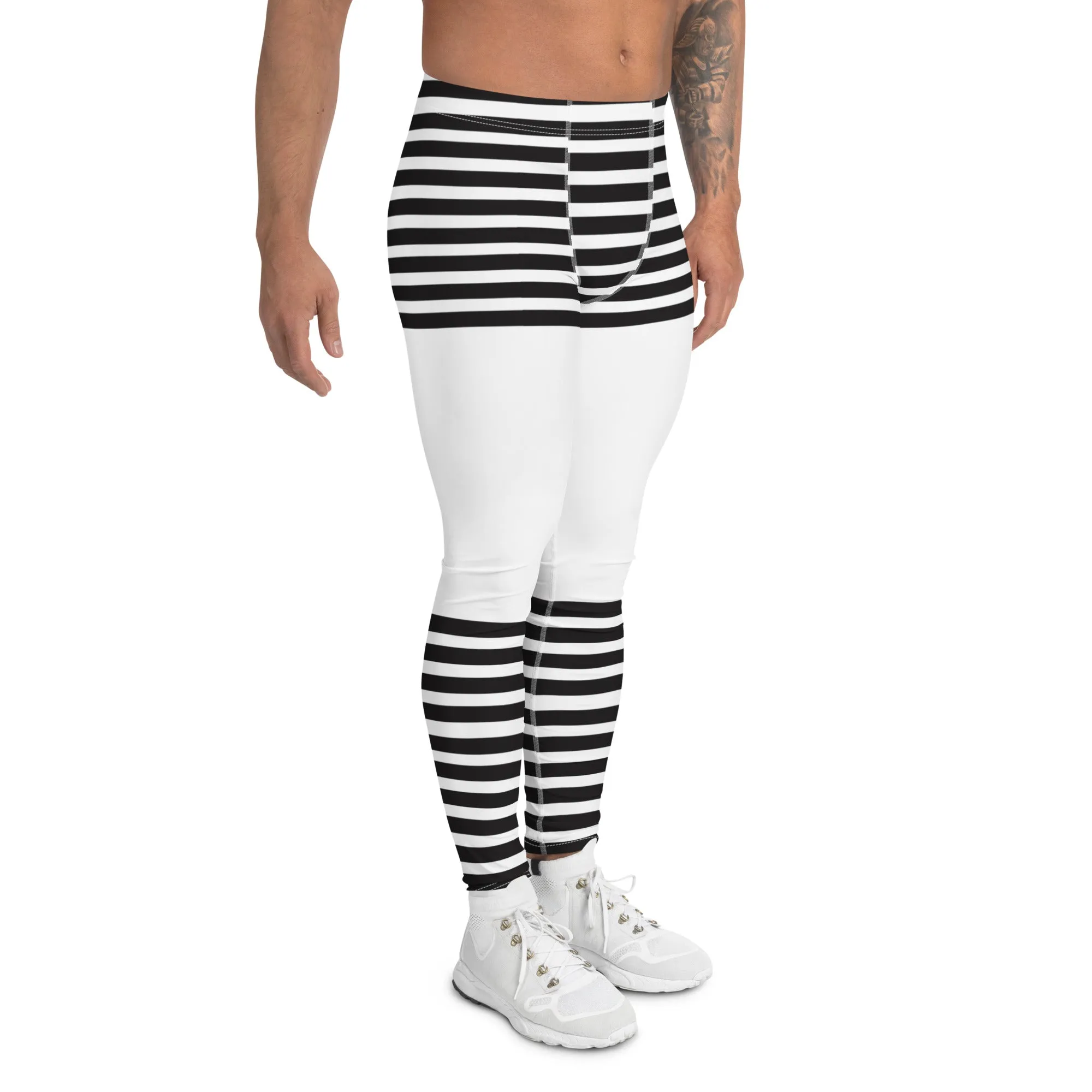 Black White Striped Meggings, Horizontal Striped Men's Leggings Compression Tights For Men - Made in USA/EU/MX