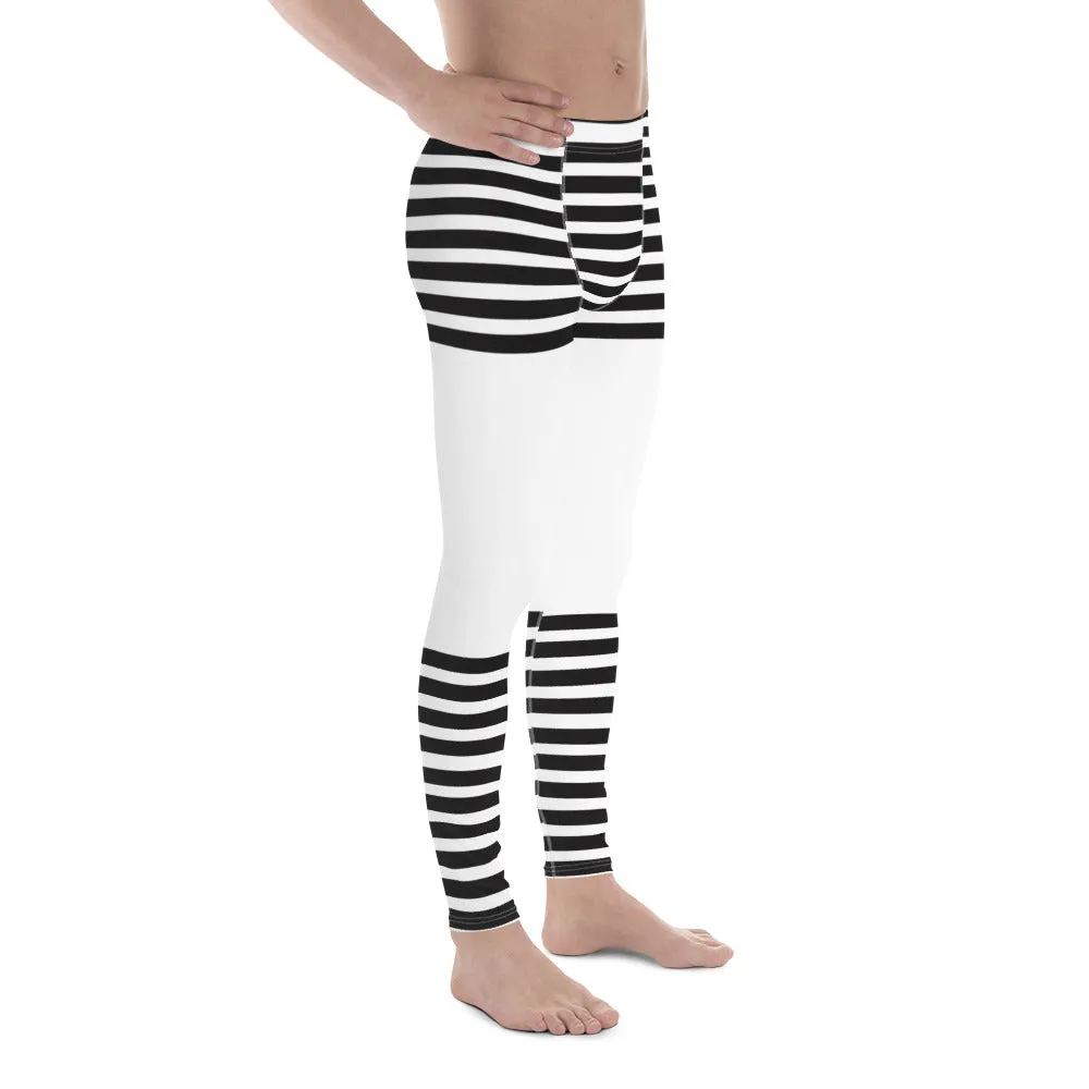 Black White Striped Meggings, Horizontal Striped Men's Leggings Compression Tights For Men - Made in USA/EU/MX