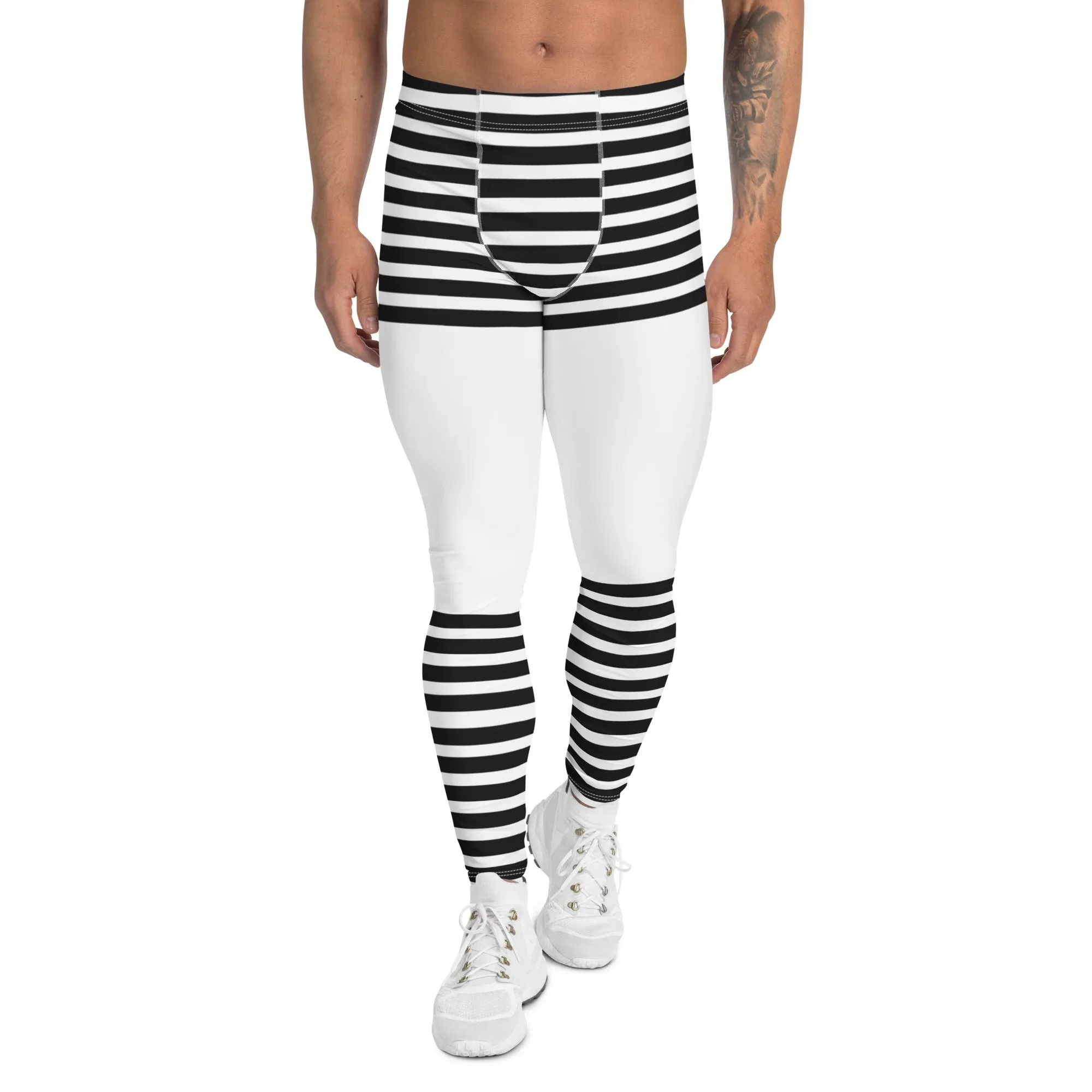 Black White Striped Meggings, Horizontal Striped Men's Leggings Compression Tights For Men - Made in USA/EU/MX