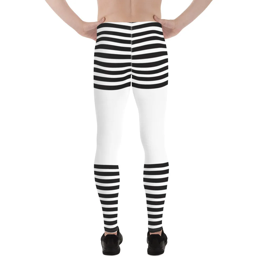 Black White Striped Meggings, Horizontal Striped Men's Leggings Compression Tights For Men - Made in USA/EU/MX