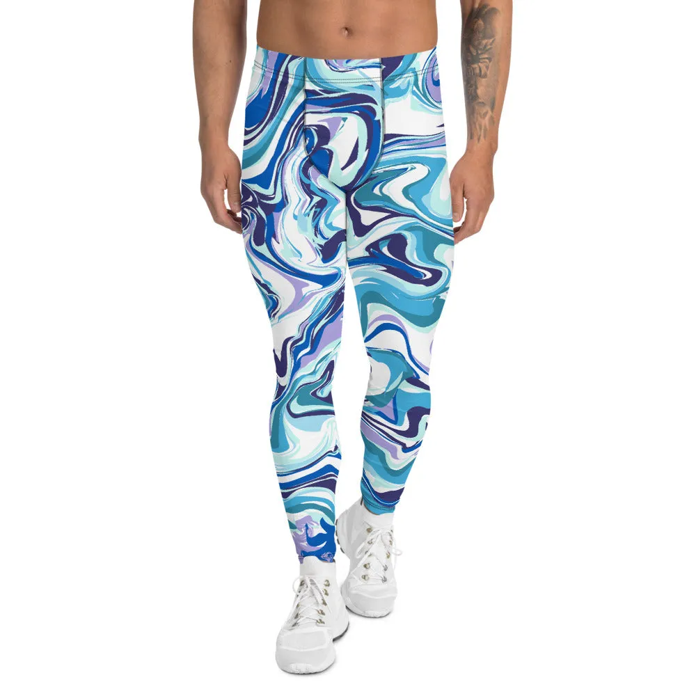 Blue Abstract Men's Leggings, Colorful Rave Sexy Run Tights Meggings-Made in USA/EU