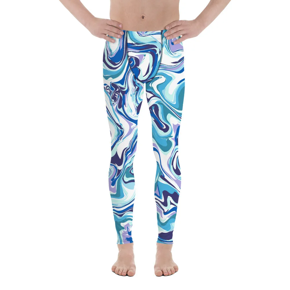 Blue Abstract Men's Leggings, Colorful Rave Sexy Run Tights Meggings-Made in USA/EU