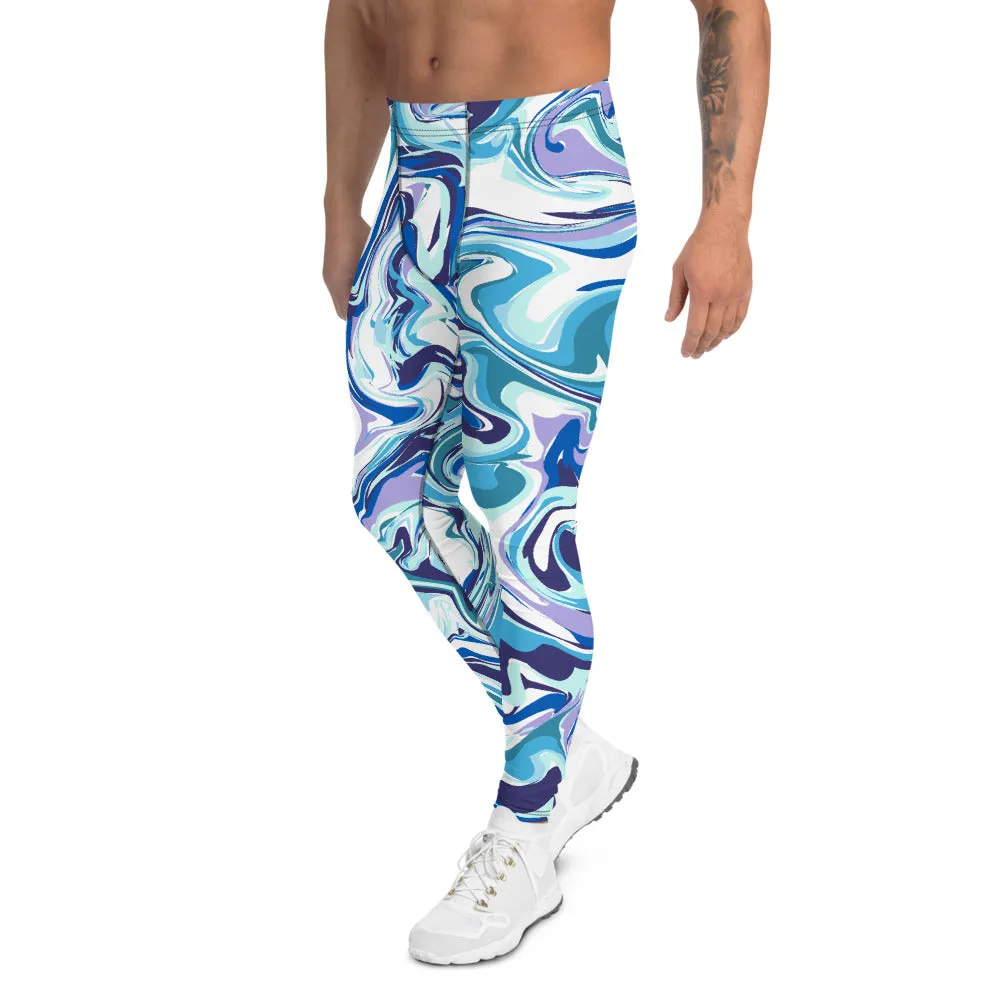 Blue Abstract Men's Leggings, Colorful Rave Sexy Run Tights Meggings-Made in USA/EU