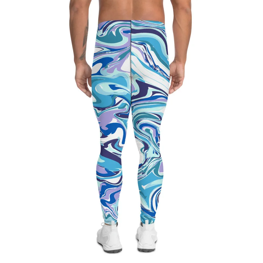 Blue Abstract Men's Leggings, Colorful Rave Sexy Run Tights Meggings-Made in USA/EU