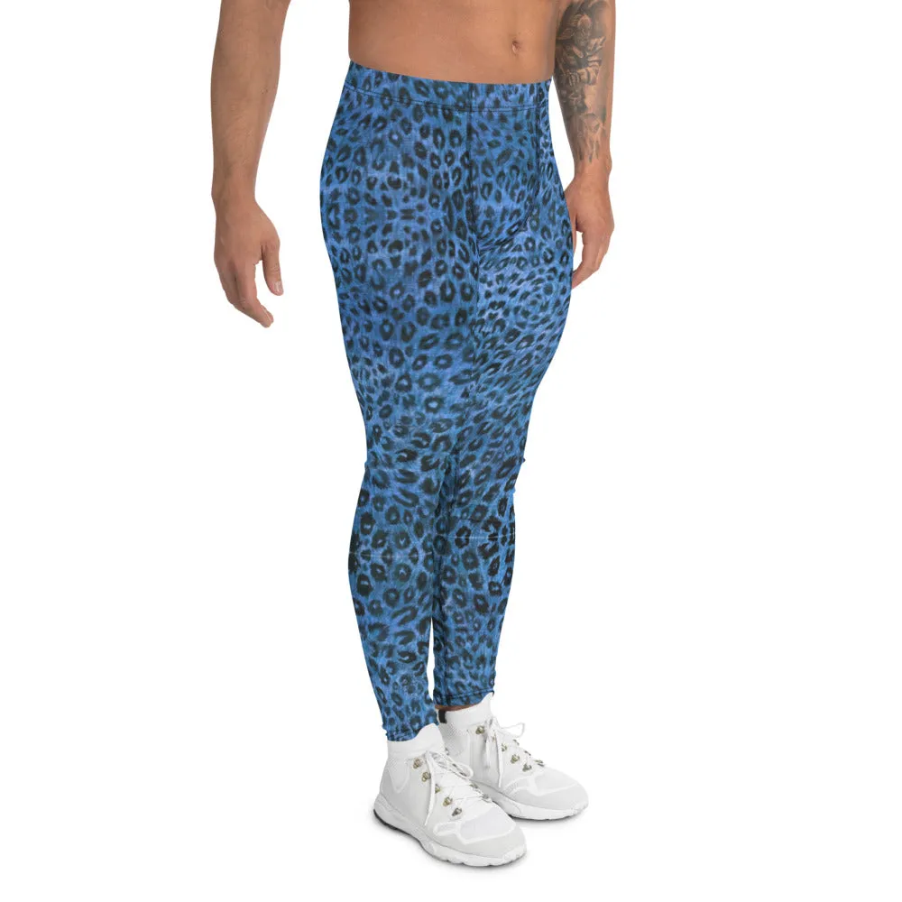 Blue Leopard Men's Leggings, Animal Print Meggings Compression Tights-Made in USA/EU/MX