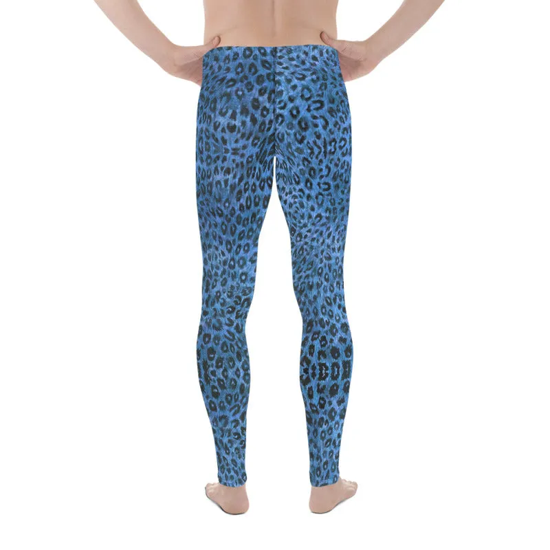 Blue Leopard Men's Leggings, Animal Print Meggings Compression Tights-Made in USA/EU/MX