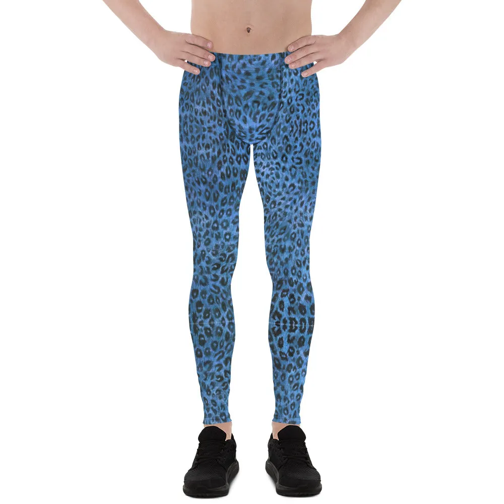 Blue Leopard Men's Leggings, Animal Print Meggings Compression Tights-Made in USA/EU/MX