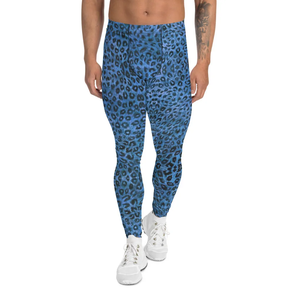 Blue Leopard Men's Leggings, Animal Print Meggings Compression Tights-Made in USA/EU/MX