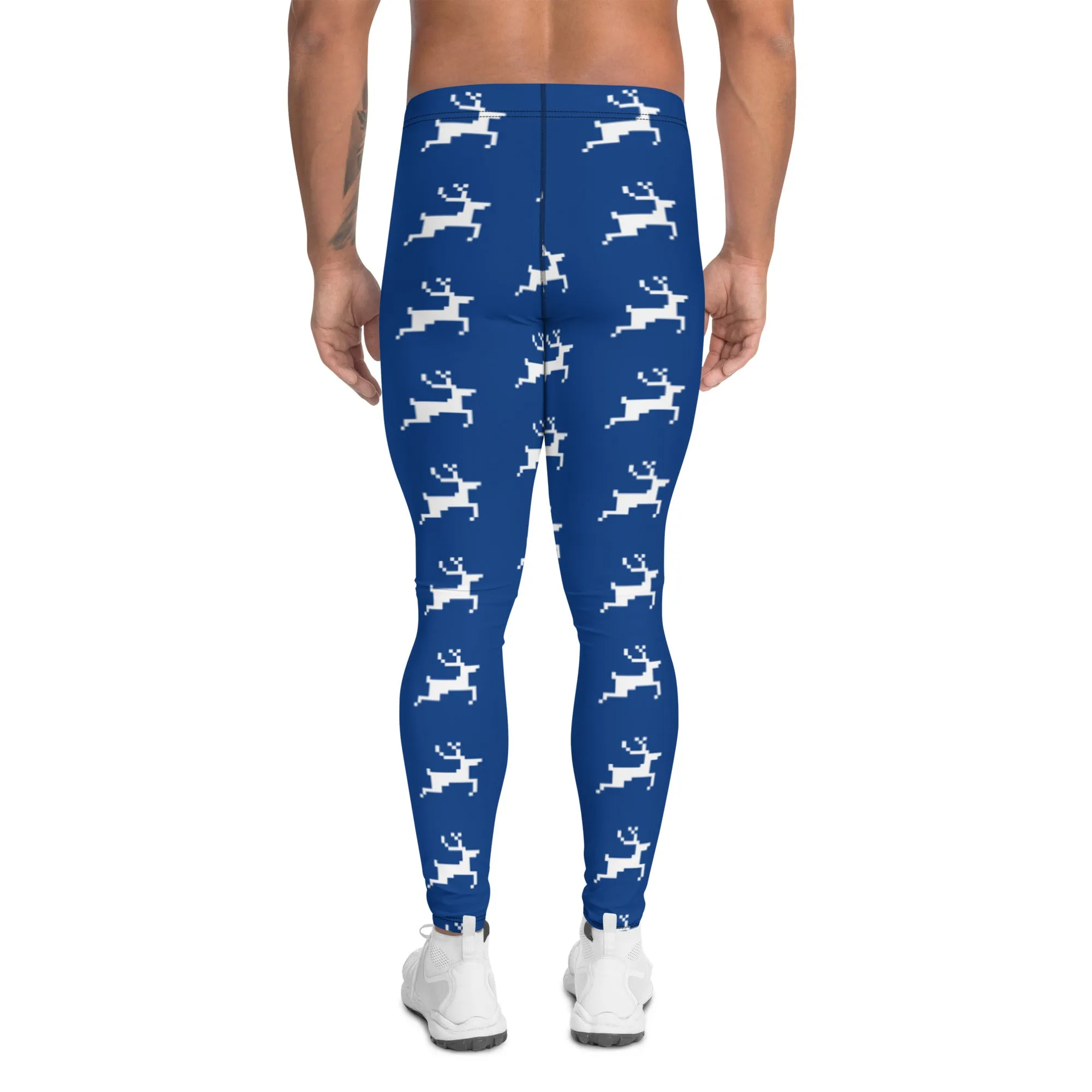 Blue Reindeer Christmas Men's Leggings, Dark Blue Xmas Designer Men's Leggings-Made in USA/MX/EU