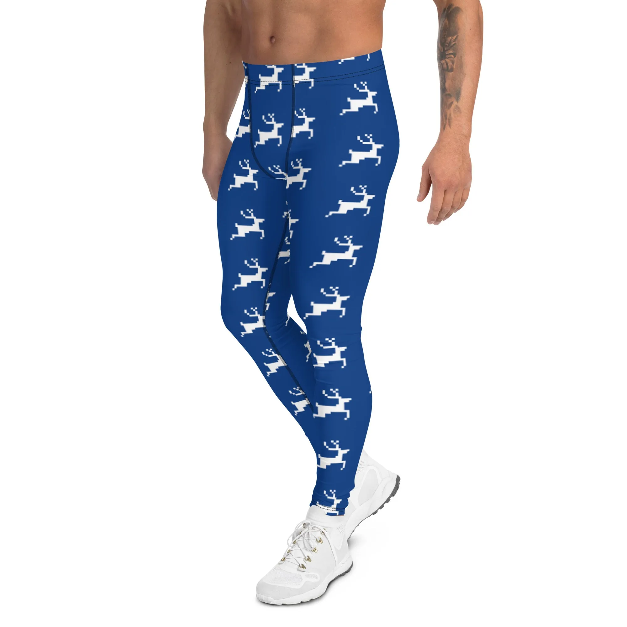 Blue Reindeer Christmas Men's Leggings, Dark Blue Xmas Designer Men's Leggings-Made in USA/MX/EU