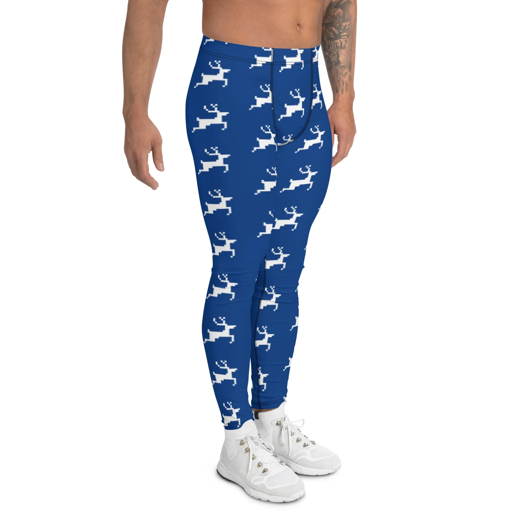 Blue Reindeer Christmas Men's Leggings, Dark Blue Xmas Designer Men's Leggings-Made in USA/MX/EU