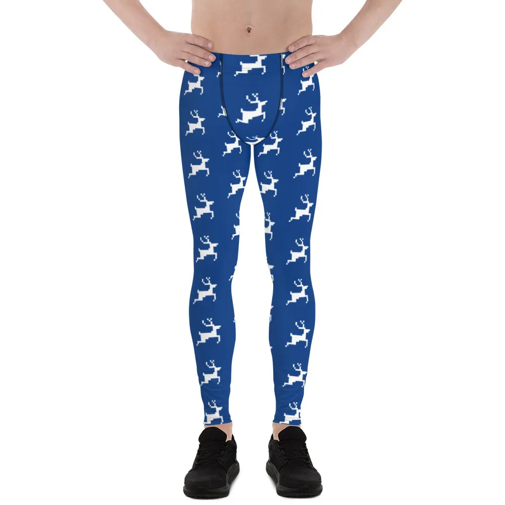 Blue Reindeer Christmas Men's Leggings, Dark Blue Xmas Designer Men's Leggings-Made in USA/MX/EU