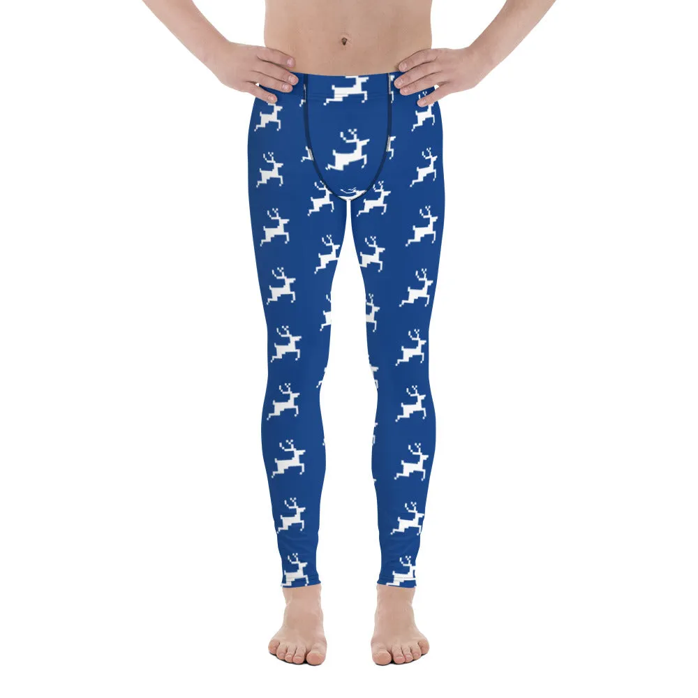 Blue Reindeer Christmas Men's Leggings, Dark Blue Xmas Designer Men's Leggings-Made in USA/MX/EU